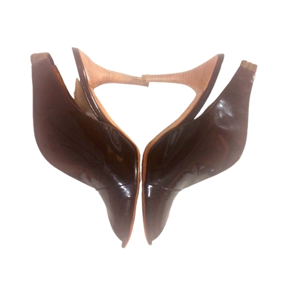 STELE Italian Deep Brown Patent Leather Sling Back Heels open toe Pumps Size 7 - Picture 6 of 10